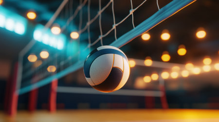 Captivating view of a volleyball poised above the net in an indoor arena, illuminated by soft bokeh lights, representing the spirit of teamwork and competitive sports.の素材