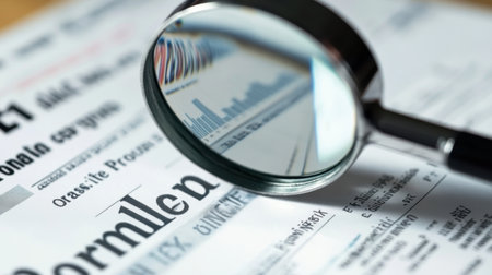 A magnifying glass highlights printed documents, emphasizing the significance of meticulous examination in financial reporting and data analysis, facilitating informed decisions.の素材
