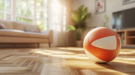 A cozy living room bathed in sunlight features a volleyball on a wooden floor, creating a lively atmosphere perfect for play and relaxation in a modern home setting.の素材