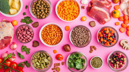 A vibrant collection of fresh ingredients, including meat, vegetables, and spices, displayed in glass bowls against a pink background, perfect for recipe inspiration.の素材