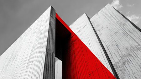 Eye-catching modern architecture showcases a blend of concrete and vivid red, creating a striking visual effect against a dramatic sky that inspires creativity and innovation.の素材