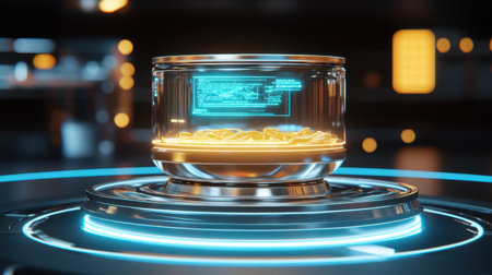 A stunning futuristic scene showcasing a luminous holographic jar filled with vibrant elements, set in a high-tech laboratory, exuding an atmosphere of innovation and exploration.の素材