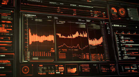 An intricate digital data dashboard showcasing graphs and statistics in striking orange and black hues, ideal for themes of technology, analysis, and business intelligence.の素材