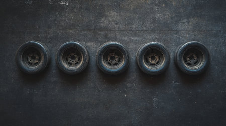 A collection of five used tires arranged on a dark textured background, ideal for automotive, repair, and transportation themed projects in stock photography.の素材