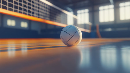 A solitary volleyball rests on the polished wooden court, illuminated by soft sunlight. This image captures the essence of sportsmanship and the energy of indoor volleyball.の素材