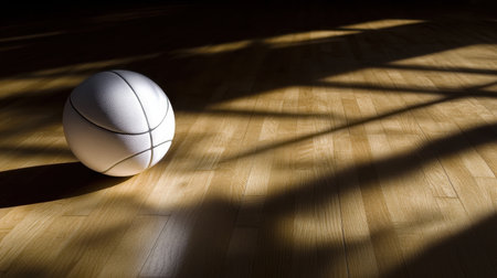 A solitary white basketball rests on a polished wooden court, with soft shadows that create an intriguing and dynamic composition perfect for sports-themed projects.の素材