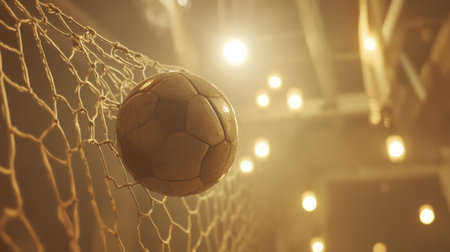 A soccer ball is suspended in the net, surrounded by soft ambient lights, illustrating the spirit of competition and the thrill of the game in a captivating indoor arena atmosphere.の素材