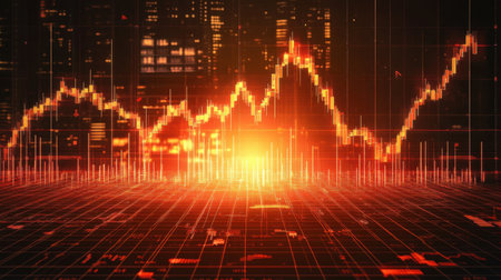 Dynamic financial chart with glowing elements demonstrates market fluctuations in a digital landscape, highlighting investment opportunities and economic trends.の素材