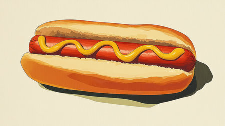 This vibrant image features a classic hot dog in a soft bun topped with yellow mustard, perfect for summer gatherings, barbecues, or food festivals, appealing to all food lovers.の素材