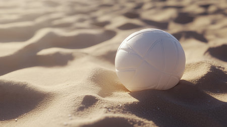 A serene image of a white ball resting gently on a sandy beach, illuminated by soft sunlight, symbolizing moments of leisure, play, and relaxation in a tropical environment.の素材