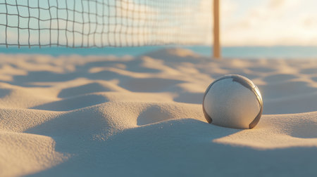 A tranquil beach scene featuring a volleyball resting in soft sand near a net, illuminated by the warm glow of sunset, embodying the spirit of summer sports and leisure.の素材