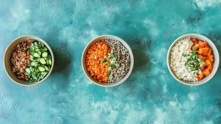 Three bowls filled with vibrant grains and fresh vegetables sit on a textured blue surface, highlighting healthy meal preparation and colorful ingredients for nutritious cooking.の素材