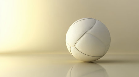 A white volleyball positioned on a smooth reflective surface, illuminated with soft lighting, highlighting its details and creating an inviting atmosphere for sports and recreation.の素材