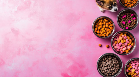 A cheerful Chihuahua explores vibrant bowls filled with colorful dog food on a playful pink background, perfect for pet food marketing and animal care themes.の素材