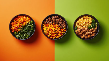 Three bowls filled with vibrant and fresh ingredients create a visually appealing arrangement showcasing healthy food for meal preparation, emphasizing color and nutrition.の素材