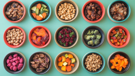 An array of colorful and nutritious snacks displayed in small bowls, featuring various fruits, vegetables, and nuts, perfect for healthy eating and vibrant presentations.の素材
