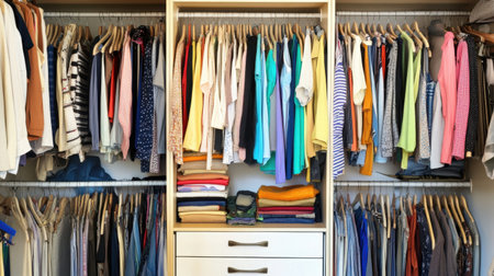 A beautifully organized wardrobe displaying a vibrant assortment of clothing, offering inspiration for efficient storage and stylish living in any home.の素材