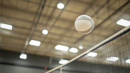 A volleyball captured in mid-air above a net, showcasing a dynamic moment in an indoor sports facility, emphasizing competition and athleticism in a vibrant environment.の素材