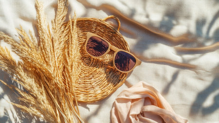 Embrace the essence of summer with stylish sunglasses, a straw basket, and soft fabrics. This serene and aesthetic arrangement captures warm, leisurely moments in a natural setting.の素材