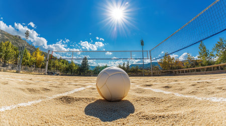 A stunning view of a beach volleyball court featuring a white volleyball on sandy terrain, illuminated by the sun, showcasing summer sports and outdoor fun amidst nature.の素材