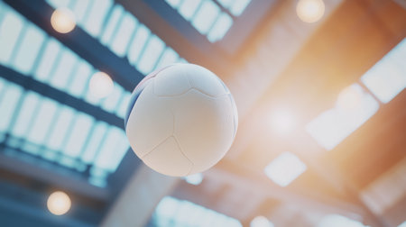 A captivating image showing a soccer ball soaring through the air inside an indoor sports facility, highlighting the energy and movement in a vibrant environment perfect for sports enthusiasts.の素材
