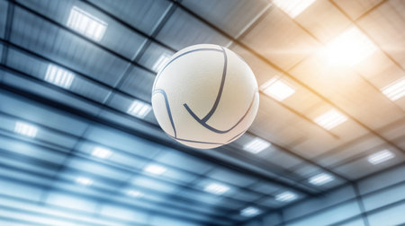 A white volleyball floats mid-air in an indoor sports arena, capturing the essence of athletic competition and the excitement of team play within a vibrant setting.の素材