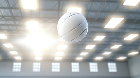 A stunning indoor venue filled with bright lights captures a flying volleyball, showcasing dynamic action and the vibrant atmosphere of sports and athletic skill in motion.の素材