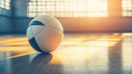 A volleyball rests on a polished wooden floor, with sunlight filtering through large windows, creating a vibrant atmosphere perfect for sports and fitness activities.の素材