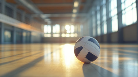 A volleyball rests on a polished court floor, illuminated by warm sunlight from large windows, creating a tranquil yet inviting atmosphere for sports enthusiasts.の素材