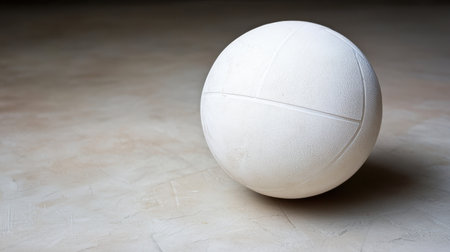 A solitary white volleyball resting on a textured surface, perfect for illustrating sports activities, enhancing athletic content, and capturing the essence of teamwork in various settings.の素材