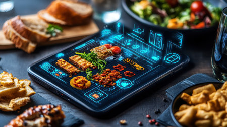 A stunning digital tablet showcases a futuristic food presentation, surrounded by vibrant gourmet dishes that enhance the modern dining experience.の素材