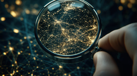 A captivating close-up image of a hand holding a magnifying glass over a starry night sky, symbolizing exploration and discovery in science and technology.の素材