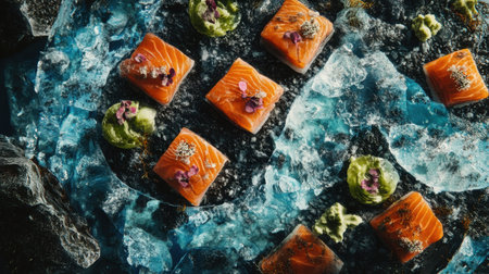 This stunning image showcases a beautiful arrangement of sushi pieces on an icy surface, highlighting the artistry and vibrant colors of fresh ingredients for a captivating culinary experience.の素材