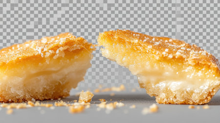 Close-up view of a delectable pastry with a rich and creamy filling, highlighting its crispy exterior and sweet flavors, perfect for food photography or culinary art.の素材