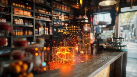 This image captures a modern grocery store enriched with digital technology, featuring holographic displays and a vibrant atmosphere designed for a unique shopping experience.の素材