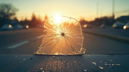 A stunning view of a piece of shattered glass resting on a roadway during sunset, with the sun illuminating the scene, capturing both beauty and reflection in a vibrant urban environment.の素材