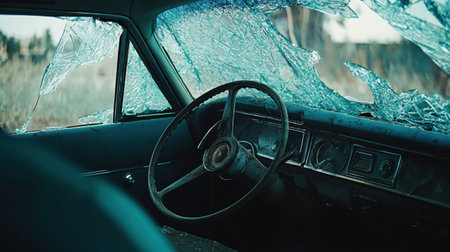 Capture the essence of decay with this photo featuring an abandoned vintage car interior, showcasing shattered glass and nature's encroachment in a tranquil setting.の素材