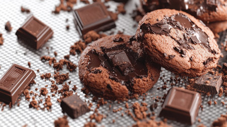 Tempting freshly baked chocolate cookies with rich melted chocolate chunks, surrounded by chocolate squares and crumbles, ideal for dessert lovers and baking fans.の素材