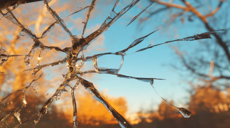 A close-up view of a cracked glass pane, beautifully juxtaposed against a backdrop of autumn trees and a clear blue sky, symbolizing nature's beauty and fragility.の素材