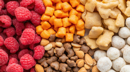 An inviting display of colorful snacks and nuts showcases a variety of textures and flavors, promoting healthy eating with energetic appeal and enticing compositions perfect for sharing.の素材