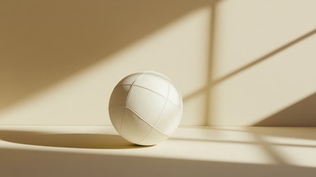 This minimalist photo captures a singular white volleyball resting on a beige surface, bathed in soft natural light, creating a calm and visually appealing atmosphere.の素材