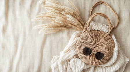 A minimalist flat lay featuring a stylish straw bag, chic sunglasses, and delicate dried flowers on a soft fabric backdrop, capturing warm summer vibes and elegant simplicity.の素材