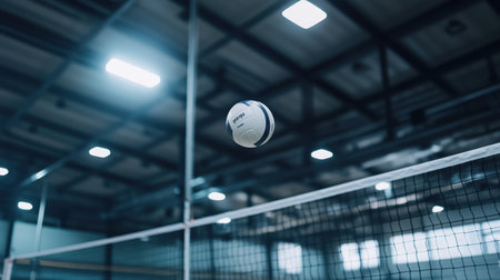 A volleyball captured mid-air over the net, showcasing an energetic atmosphere within a well-lit indoor gym, perfect for depicting competitive sports and team activities.の素材