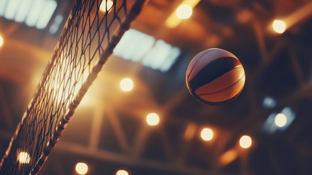 A basketball is captured mid-air as it heads toward the net in an indoor court, surrounded by vibrant lights that enhance the thrilling atmosphere of the game.の素材