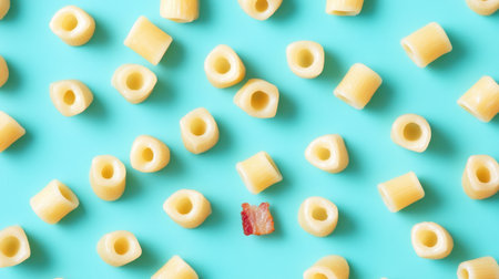 Discover a visually appealing arrangement of uncooked pasta shapes scattered across a bright blue background, ideal for food presentations and culinary inspiration.の素材