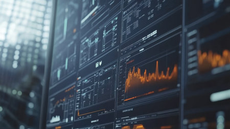 Dynamic representation of financial analytics on modern screens, highlighting various data metrics, perfect for illustrating technology and business concepts in a contemporary setting.の素材
