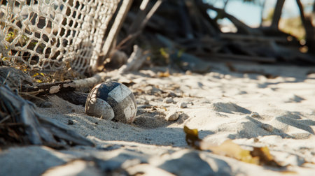A close-up shot of an abandoned soccer ball nestled in sandy terrain near a weathered net, capturing a serene beach atmosphere. The scene evokes nostalgia and natural beauty.の素材