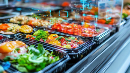 A vibrant display of freshly prepared meal packs showcases modern convenience in food selection with a digital overlay representing nutritional tracking and technology integration.の素材