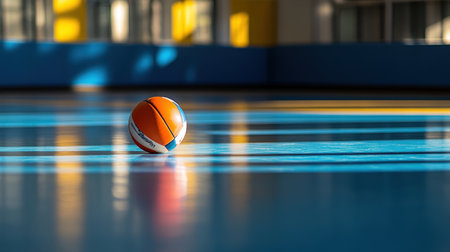 A vibrant basketball rests on a polished gym floor, illuminated by sunlight, showcasing reflections and shadows, symbolizing action and enthusiasm in sports.の素材
