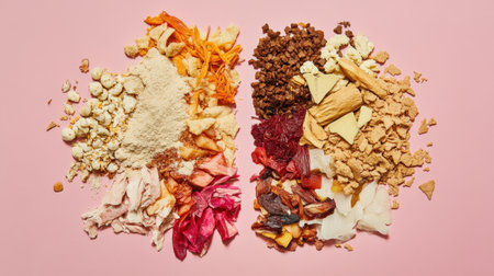 A vibrant display of dried fruits, flowers, and spices arranged artistically, perfect for culinary inspiration, decoration, or enhancing health-focused recipes in a bright setting.の素材